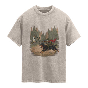Funny Skeleton Riding Labrador Hunting Washed Cotton T-Shirt Gift For Hunter