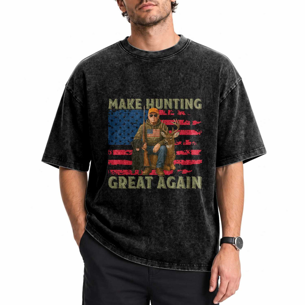Funny Trump Deer Hunting Washed Cotton T-Shirt Make Hunting Great Again