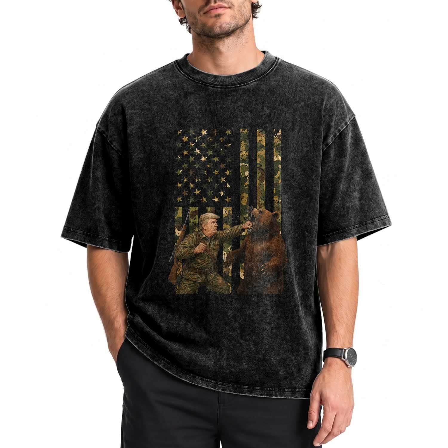 Funny Trump Vs Bear Showdown Washed Cotton T-Shirt American Flag Hunter Gift