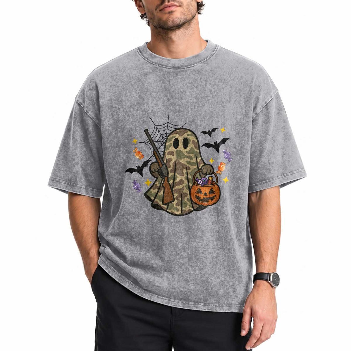 Funny Camo Hunter Halloween Ghost Costume Washed Cotton T-Shirt
