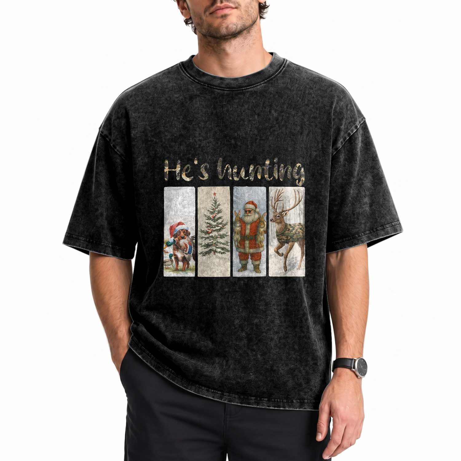 Santa Funny Christmas Hunter Look Washed Cotton T-Shirt He Is Hunting