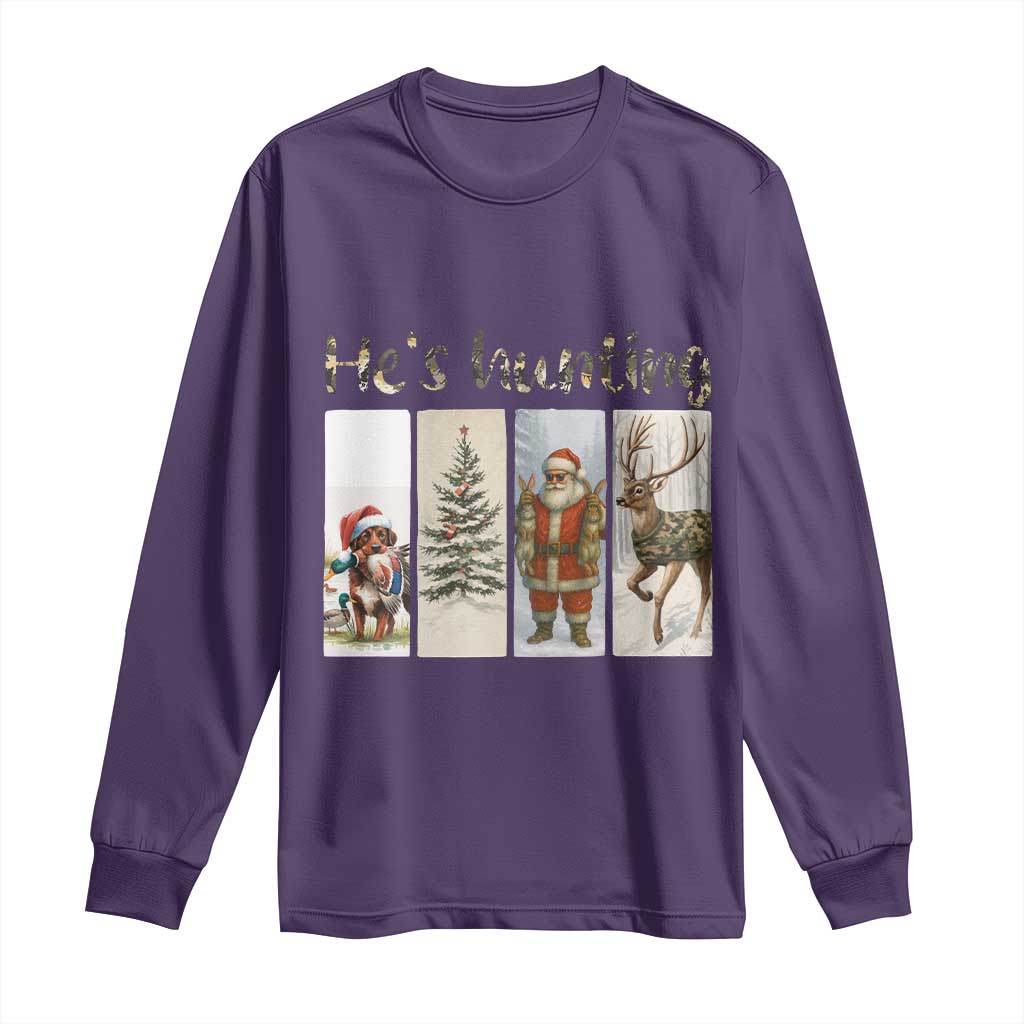 Santa Funny Christmas Hunter Look Long Sleeve Shirt He Is Hunting TS12 Purple Print Your Wear