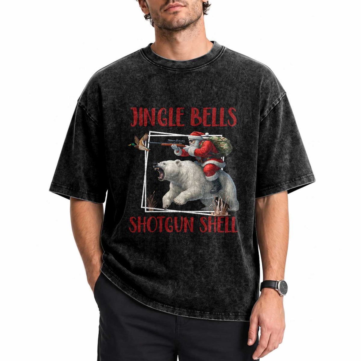 Funny Christmas Hunting Washed Cotton T-Shirt Jingle Bells Shotgun Shells