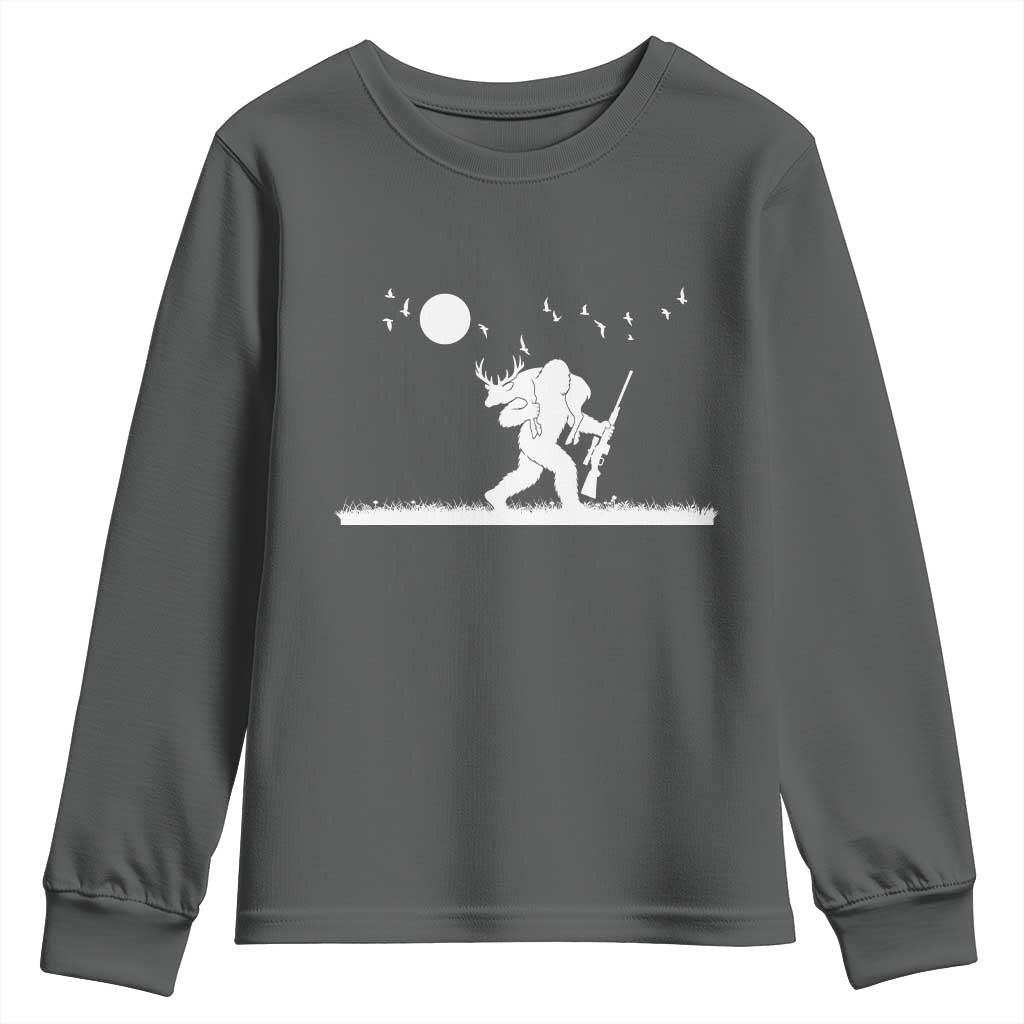 Sasquatch Hunter With Rifle Youth Sweatshirt Funny Bigfoot Outdoor Design TS12 Dark Heather Print Your Wear