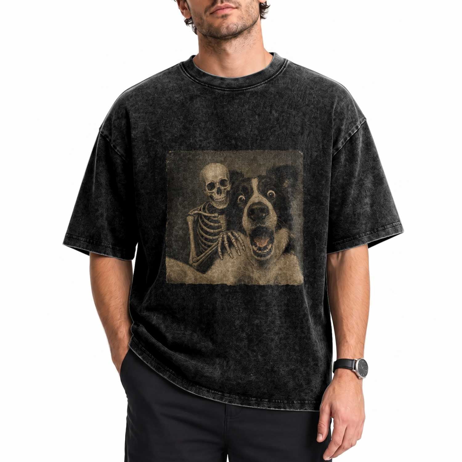 Funny Skeleton Selfie With Border Collie Washed Cotton T-Shirt Halloween Spooky Dog Lover Gift