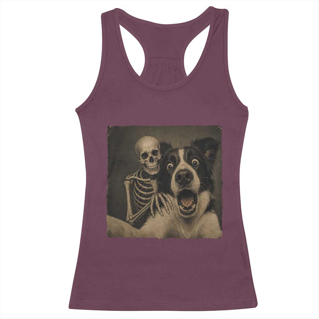 Funny Skeleton Selfie With Border Collie Racerback Tank Top Halloween Spooky Dog Lover Gift TS12 Maroon Print Your Wear
