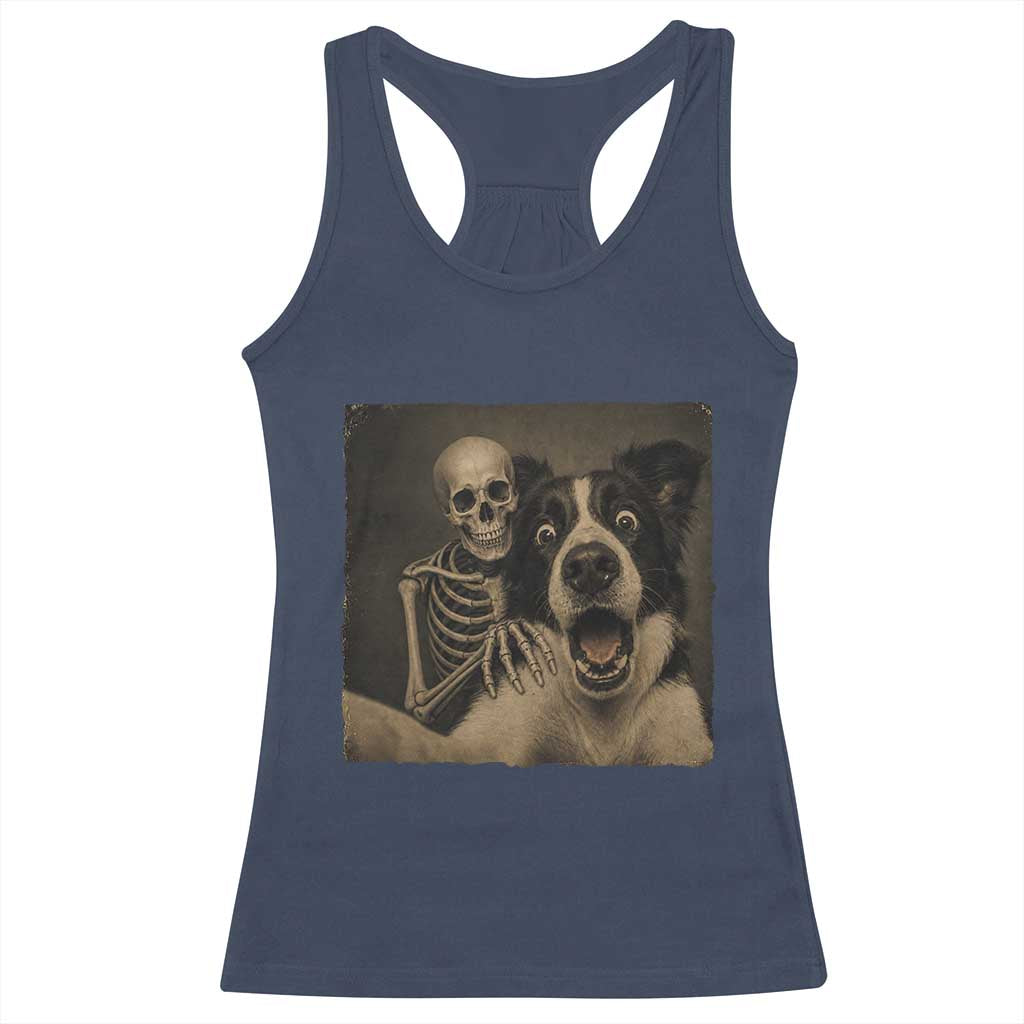 Funny Skeleton Selfie With Border Collie Racerback Tank Top Halloween Spooky Dog Lover Gift TS12 Navy Print Your Wear