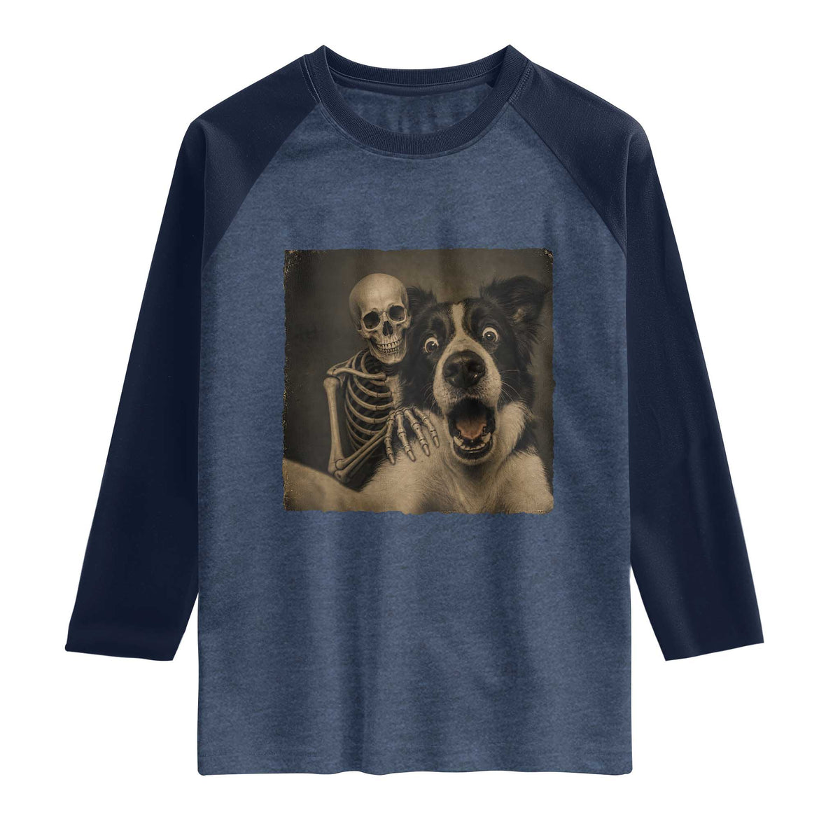 Funny Skeleton Selfie With Border Collie Raglan Shirt Halloween Spooky Dog Lover Gift TS12 Heather Denim Navy Print Your Wear