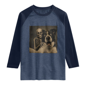 Funny Skeleton Selfie With Border Collie Raglan Shirt Halloween Spooky Dog Lover Gift TS12 Heather Denim Navy Print Your Wear