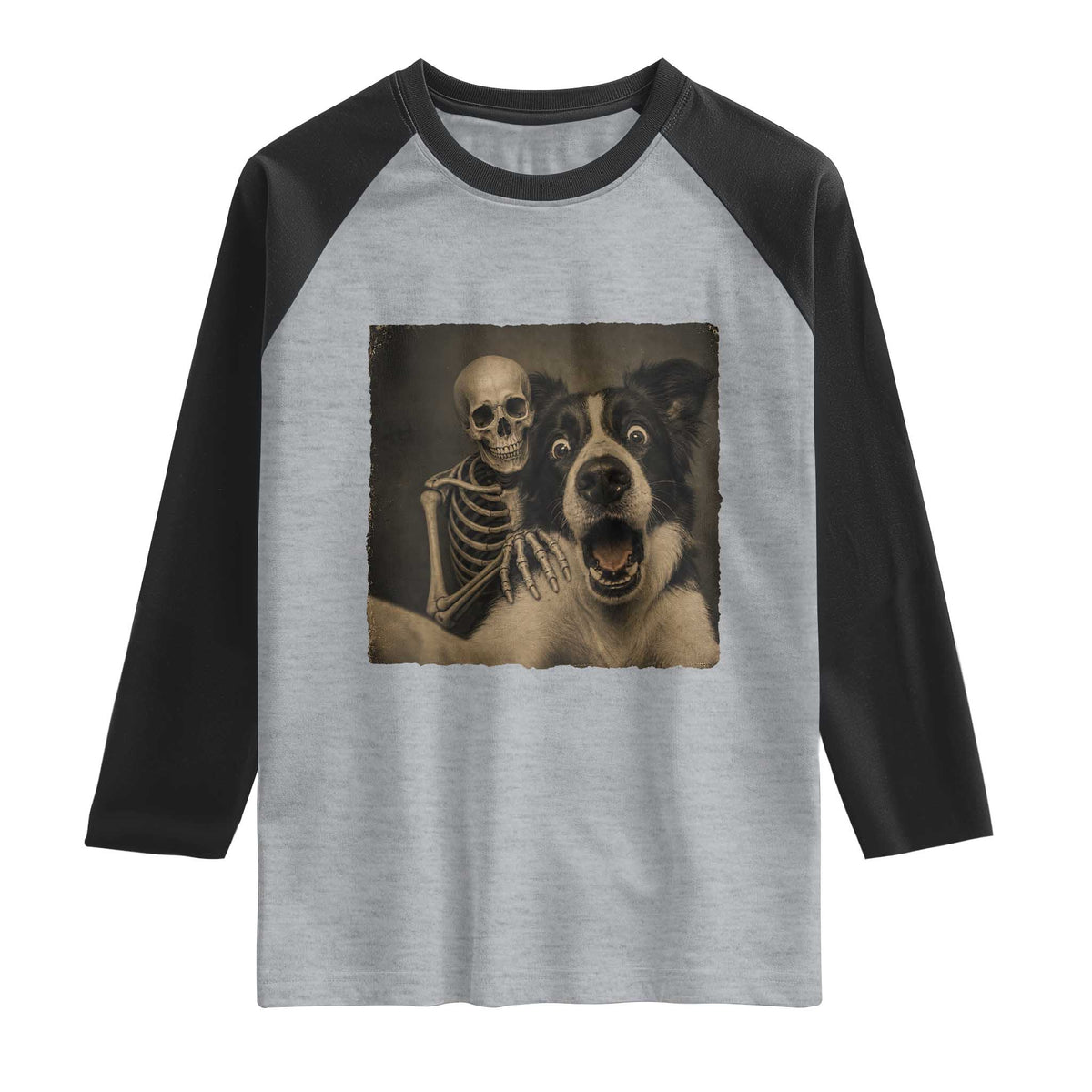 Funny Skeleton Selfie With Border Collie Raglan Shirt Halloween Spooky Dog Lover Gift TS12 Heather Gray Black Print Your Wear