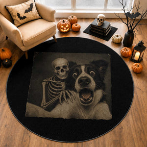 Funny Skeleton Selfie With Border Collie Round Rug Halloween Spooky Dog Lover Gift