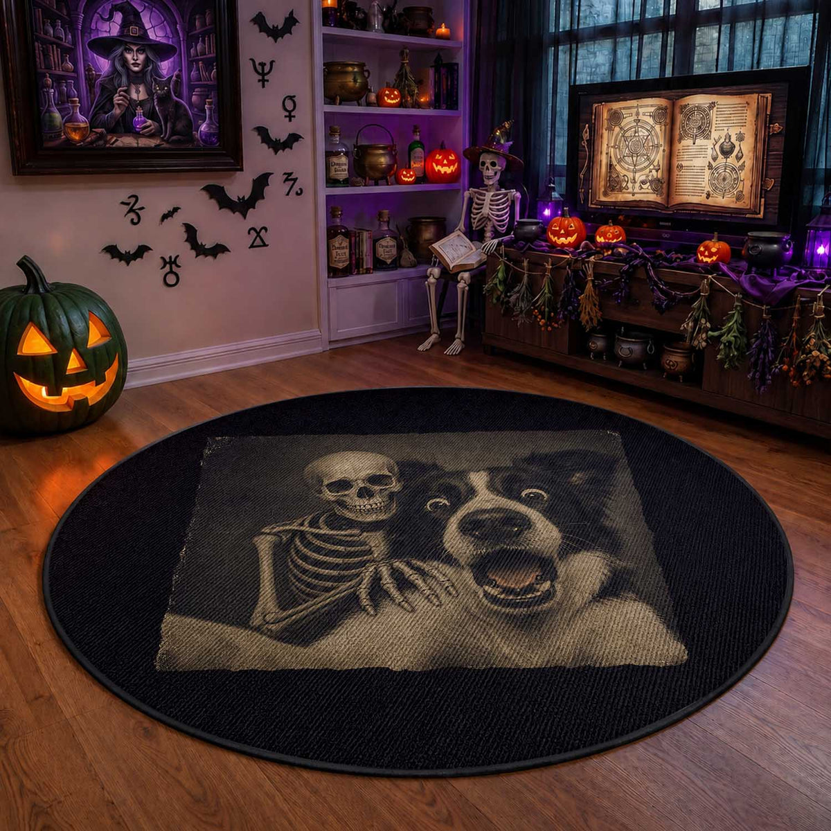 Funny Skeleton Selfie With Border Collie Round Rug Halloween Spooky Dog Lover Gift