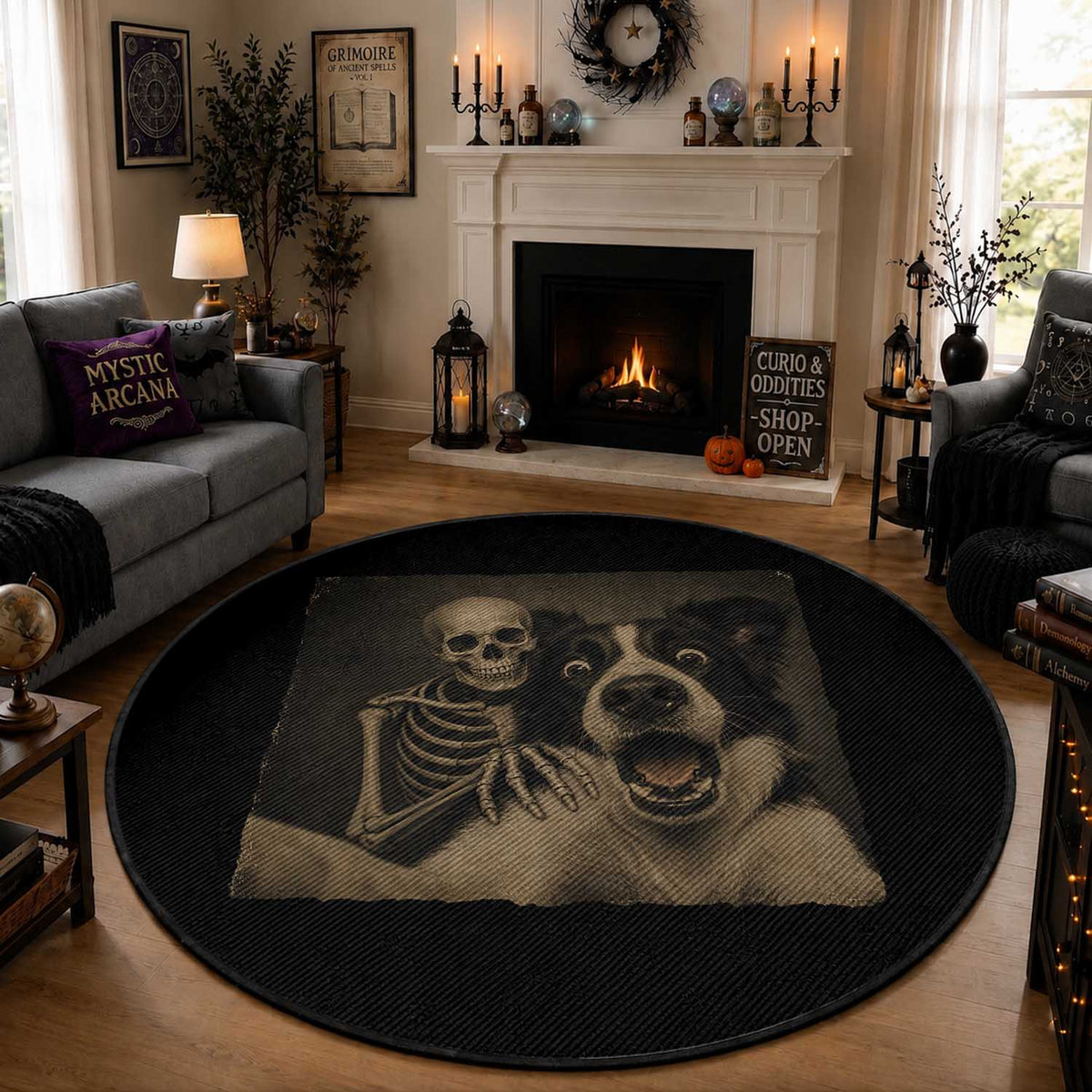 Funny Skeleton Selfie With Border Collie Round Rug Halloween Spooky Dog Lover Gift