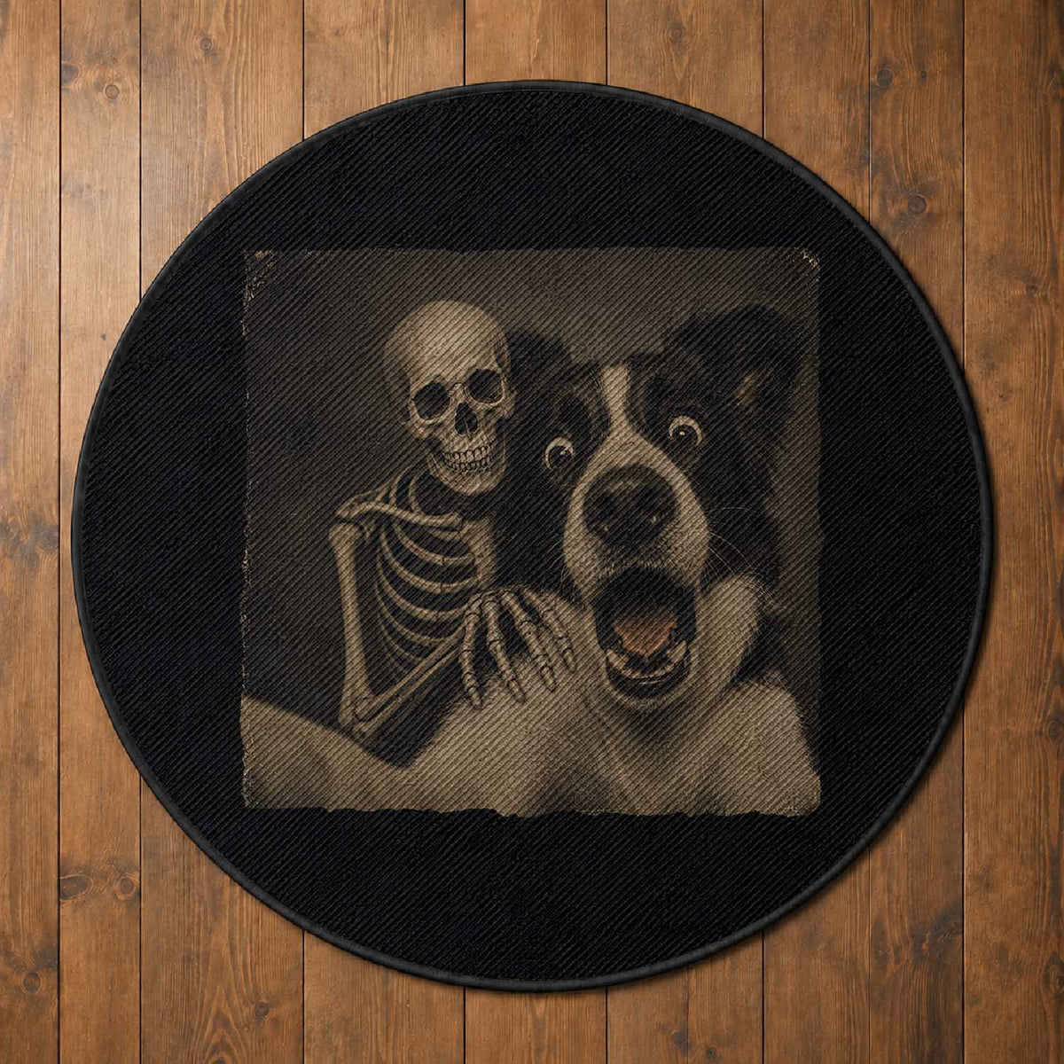 Funny Skeleton Selfie With Border Collie Round Rug Halloween Spooky Dog Lover Gift