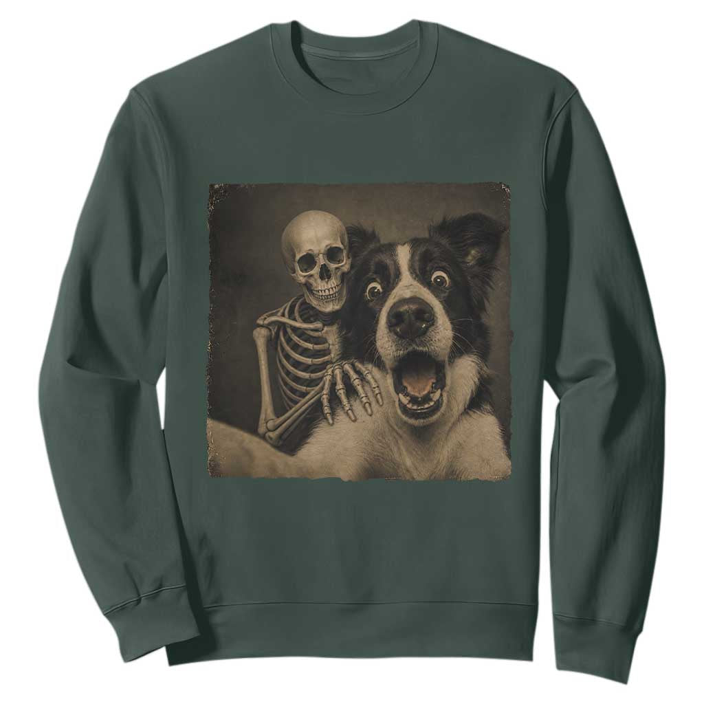 Funny Skeleton Selfie With Border Collie Sweatshirt Halloween Spooky Dog Lover Gift TS12 Dark Forest Green Print Your Wear