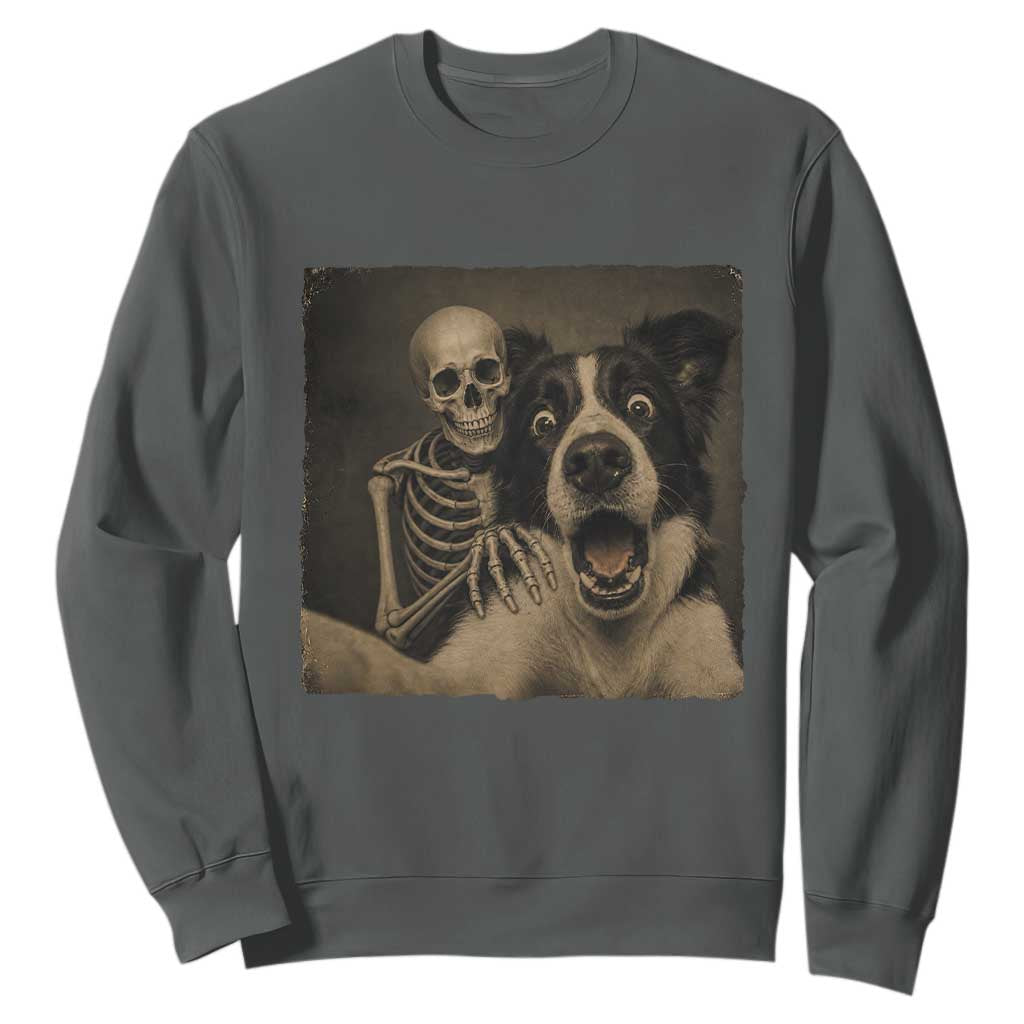 Funny Skeleton Selfie With Border Collie Sweatshirt Halloween Spooky Dog Lover Gift TS12 Dark Heather Print Your Wear