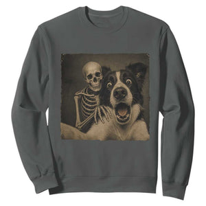 Funny Skeleton Selfie With Border Collie Sweatshirt Halloween Spooky Dog Lover Gift TS12 Dark Heather Print Your Wear