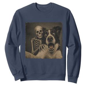 Funny Skeleton Selfie With Border Collie Sweatshirt Halloween Spooky Dog Lover Gift TS12 Navy Print Your Wear