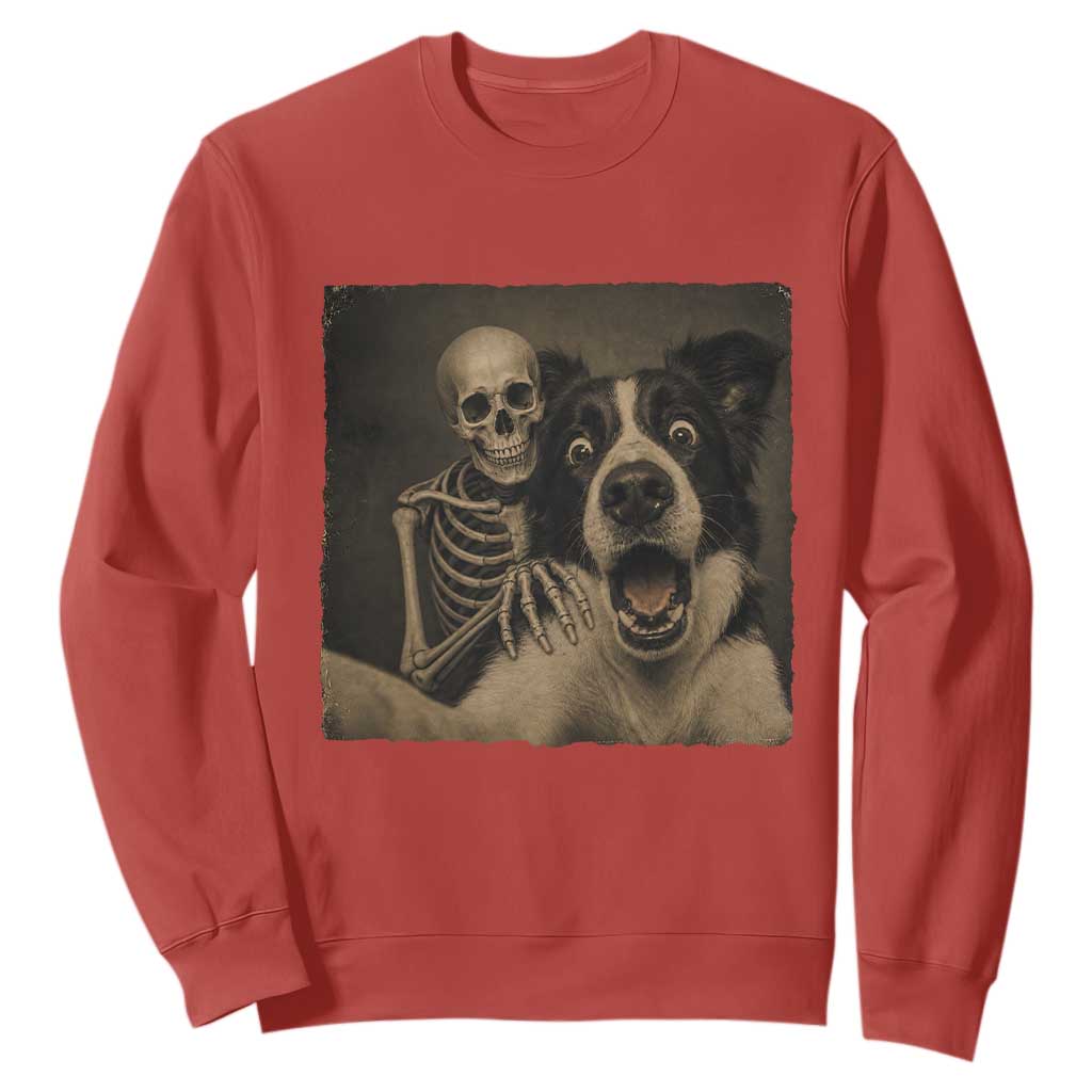 Funny Skeleton Selfie With Border Collie Sweatshirt Halloween Spooky Dog Lover Gift TS12 Red Print Your Wear