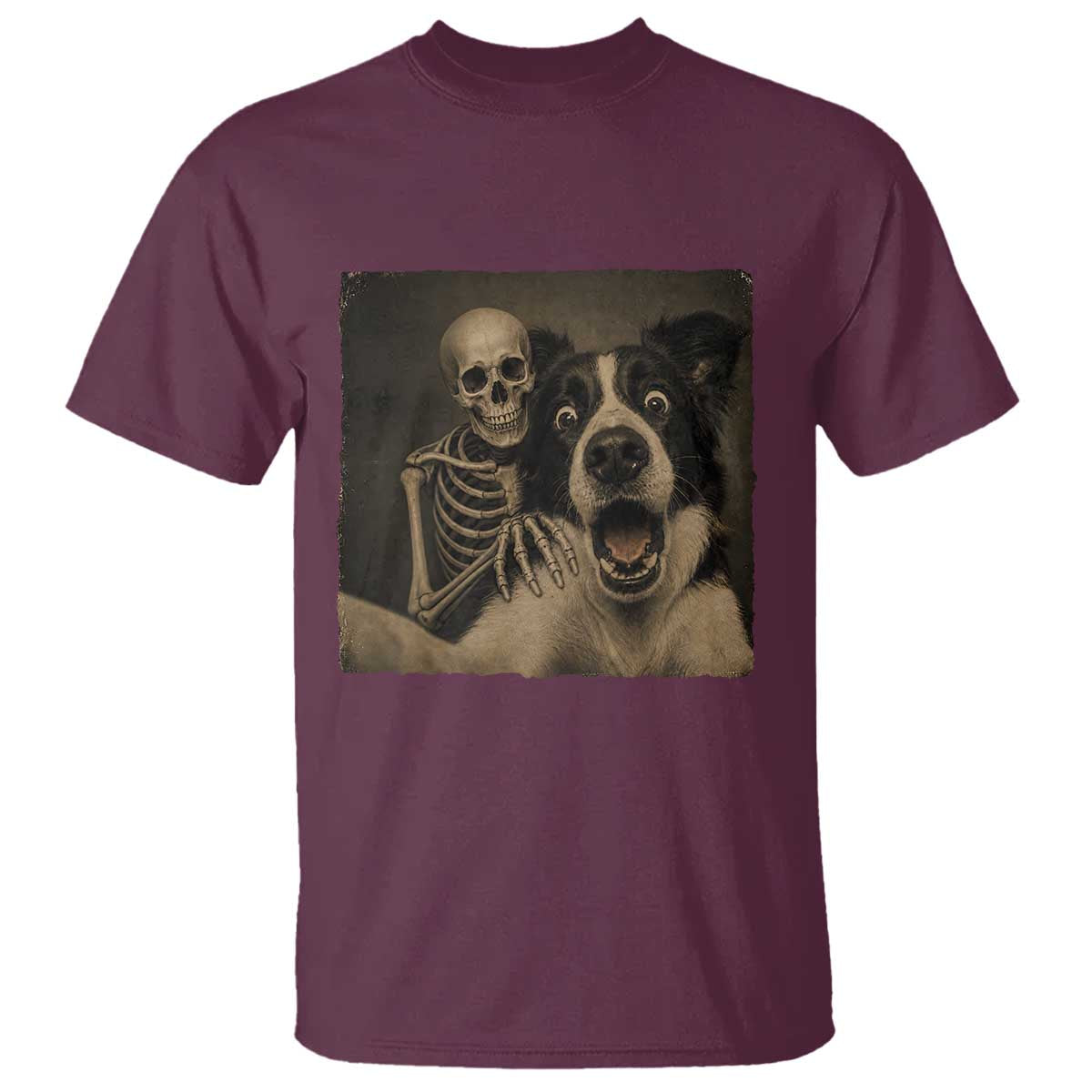 Funny Skeleton Selfie With Border Collie T Shirt Halloween Spooky Dog Lover Gift TS12 Maroon Print Your Wear