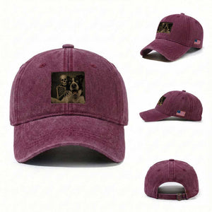 Funny Skeleton Selfie With Border Collie Washed Cotton Baseball Cap Halloween Spooky Dog Lover Gift TS12 Washed Cap Universal Fit Burgundy Print Your Wear