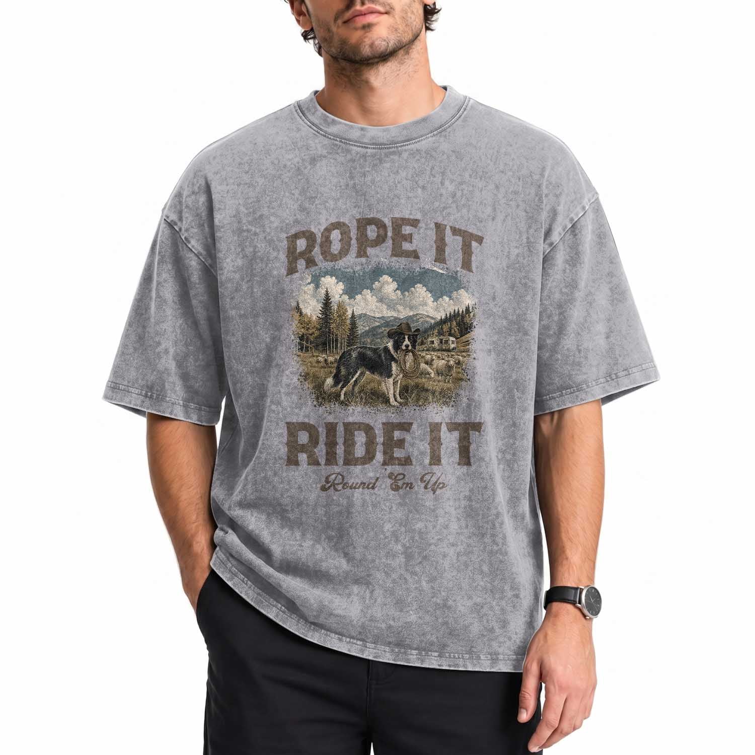 Border Collie Cowboy Farm Dog Washed Cotton T-Shirt Rope It Ride It Round Em Up Ranch Life Gift