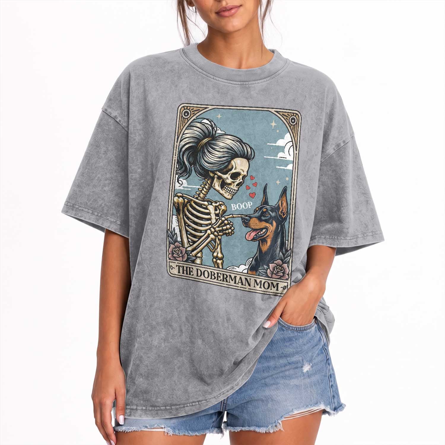 The Doberman Mom Skeleton Tarot Card Washed Cotton T-Shirt Boop Dobie Halloween Dog Lover Gift