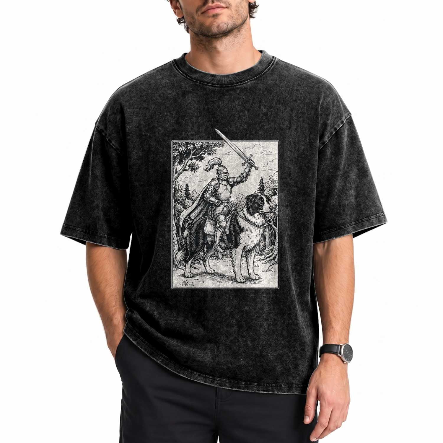 Funny Medieval Knight Border Collie Rider Washed Cotton T-Shirt Renaissance Fantasy Dog Lover Gift
