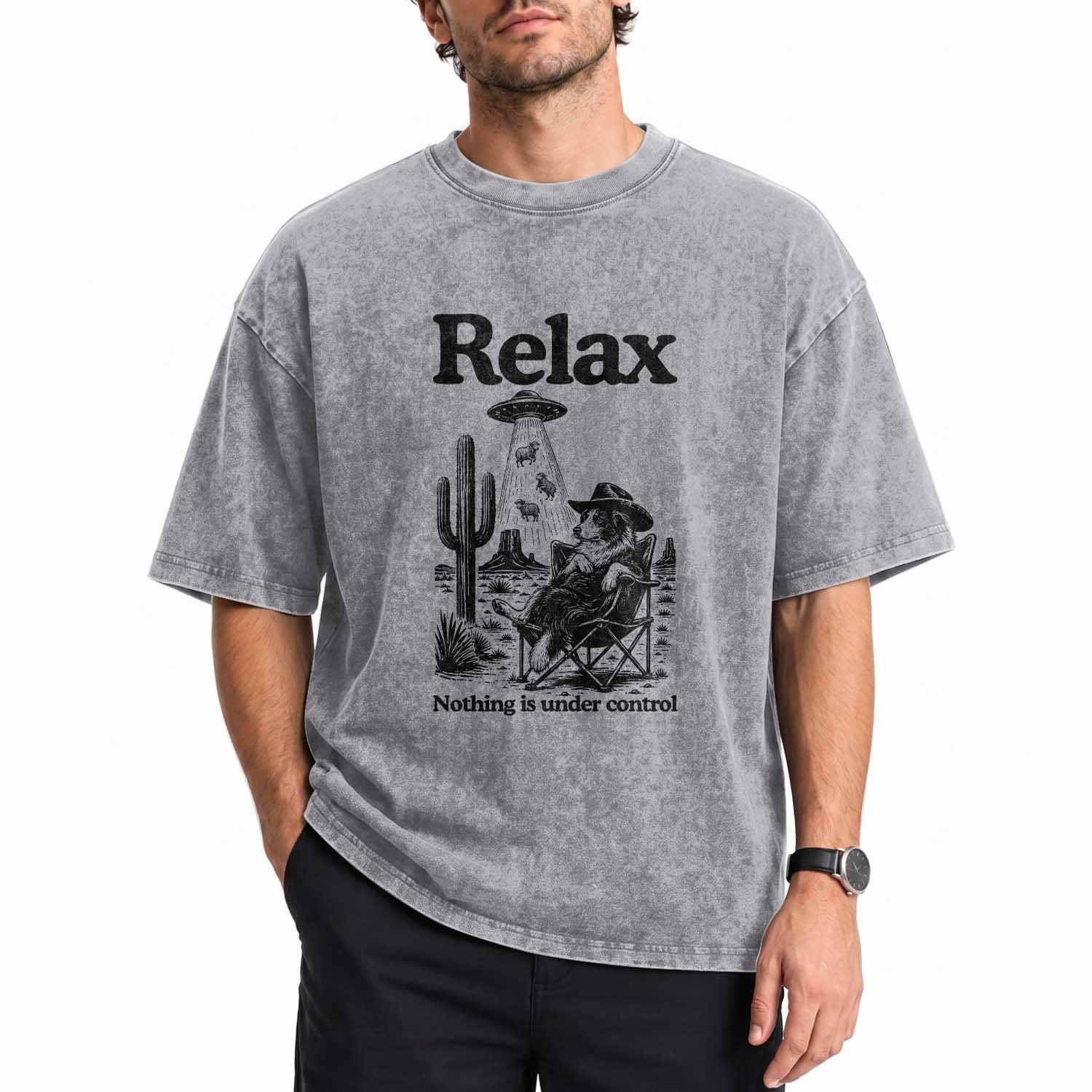 Funny Border Collie UFO Sheep Farmer Washed Cotton T-Shirt Relax Nothing Is Under Control Alien Dog Lover Gift