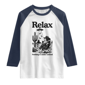 Funny Border Collie UFO Sheep Farmer Raglan Shirt Relax Nothing Is Under Control Alien Dog Lover Gift TS12 White Navy Print Your Wear
