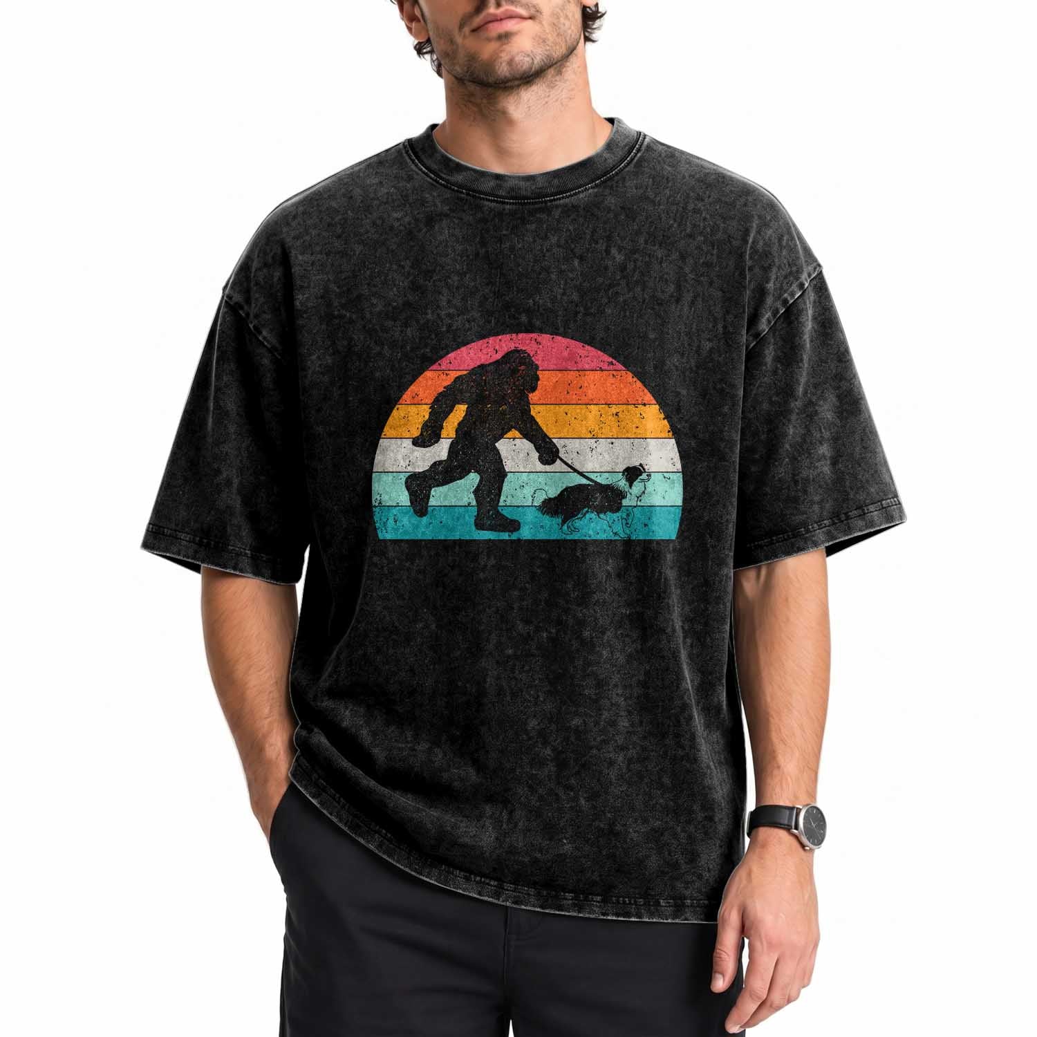 Funny Bigfoot Walking Border Collie Dog Washed Cotton T-Shirt Vintage Dog Lover Gift