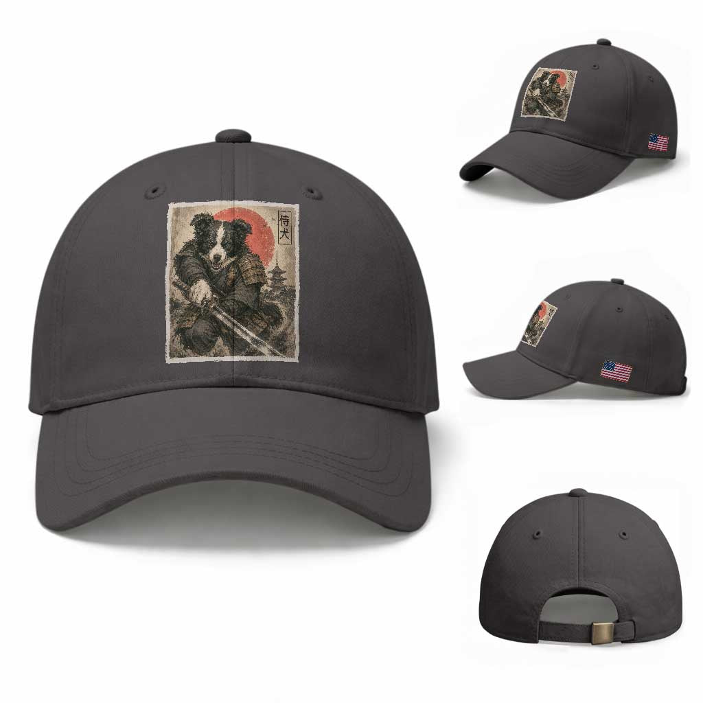 Japanese Border Collie Samurai Warrior Baseball Cap Vintage Ukiyoe Dog Lover TS12 Baseball Cap Universal Fit Dark Gray Print Your Wear