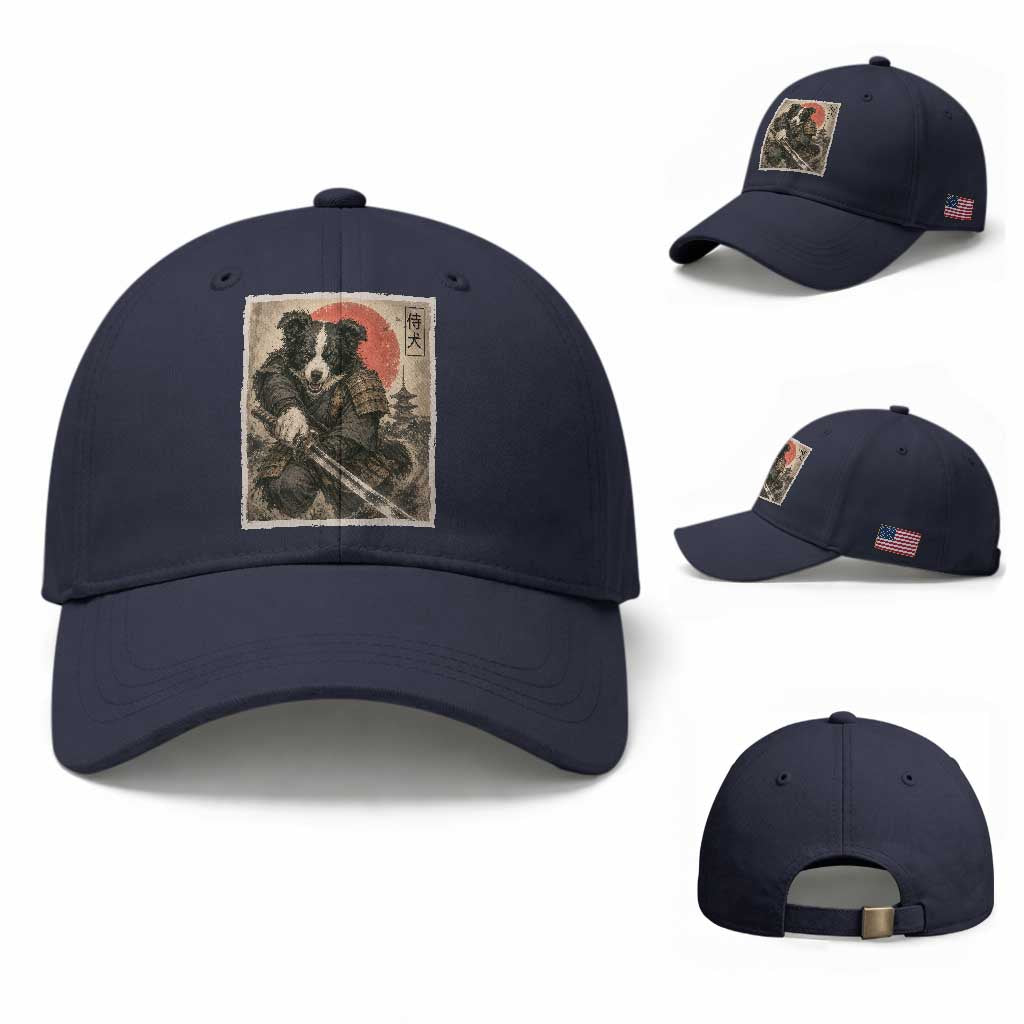Japanese Border Collie Samurai Warrior Baseball Cap Vintage Ukiyoe Dog Lover TS12 Baseball Cap Universal Fit Navy Print Your Wear