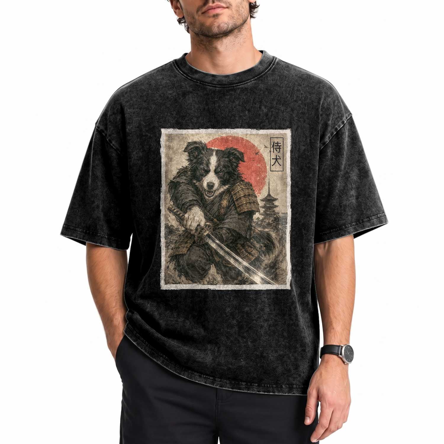 Japanese Border Collie Samurai Warrior Washed Cotton T-Shirt Vintage Ukiyoe Dog Lover