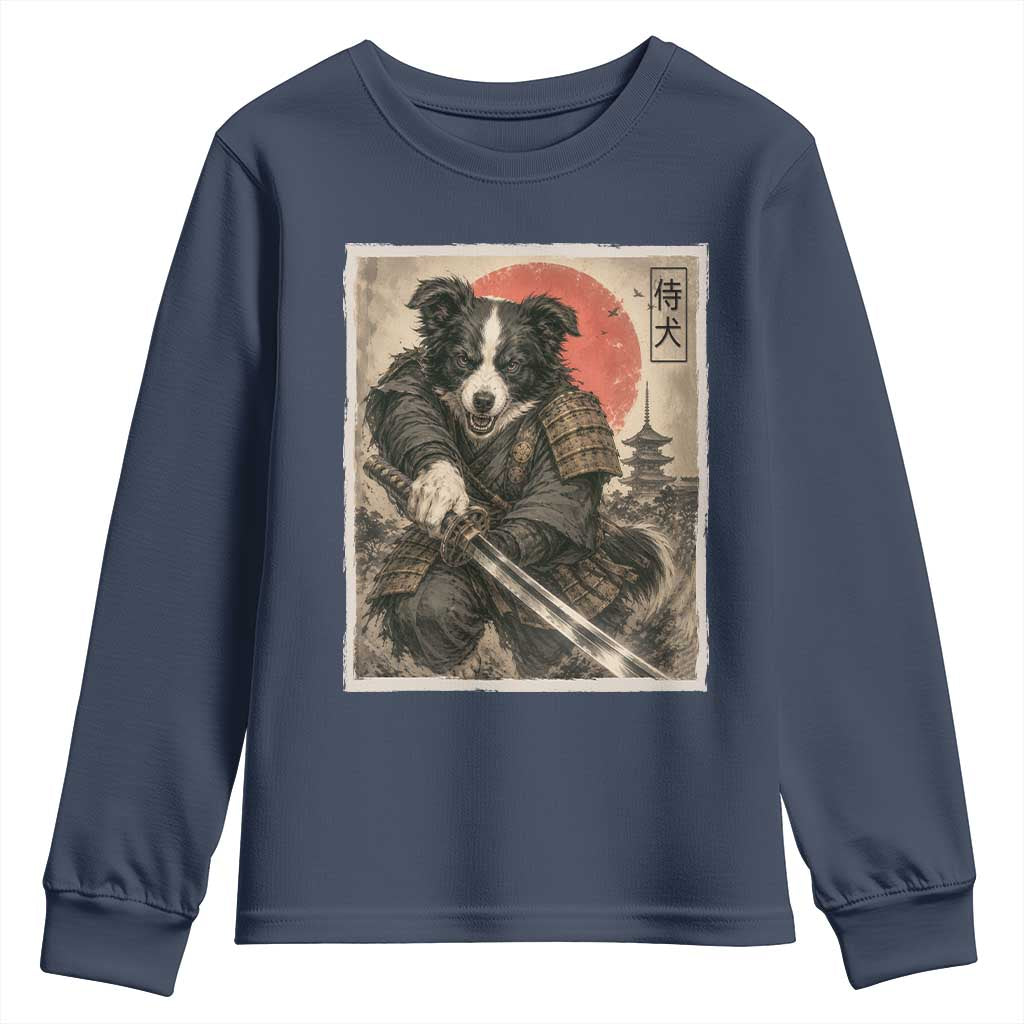 Japanese Border Collie Samurai Warrior Youth Sweatshirt Vintage Ukiyoe Dog Lover TS12 Navy Print Your Wear