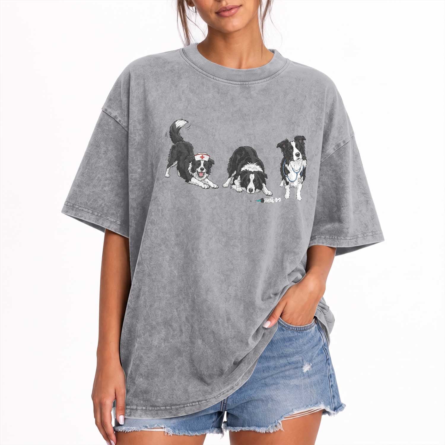 Funny Border Collie Nurse Vet Tech Washed Cotton T-Shirt Dog Lover Medical Worker Gift