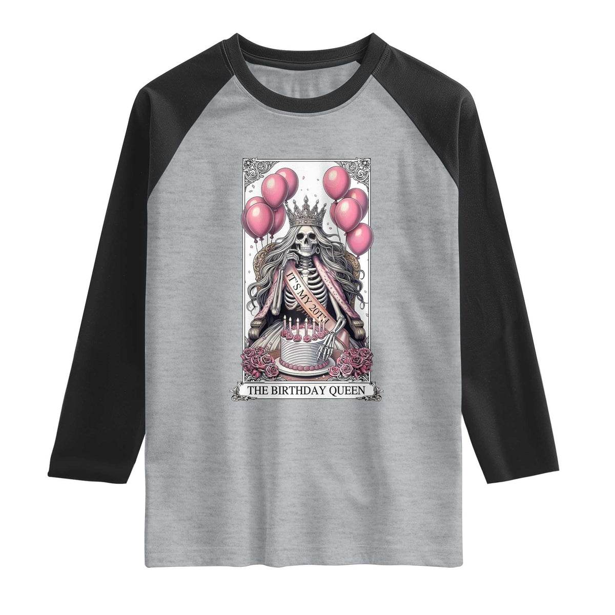 Funny 20th Birthday Queen Tarot Card Raglan Shirt Gothic Skeleton Dark Humor Gift TS12 Heather Gray Black Print Your Wear