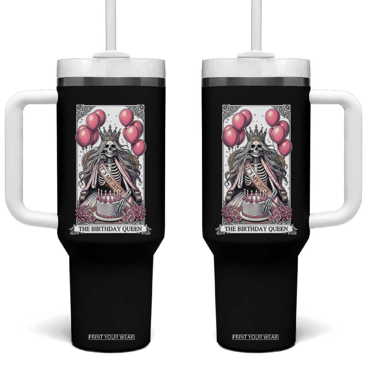 Funny 20th Birthday Queen Tarot Card Tumbler With Handle Gothic Skeleton Dark Humor Gift TS12 One Size: 40 oz Black Print Your Wear