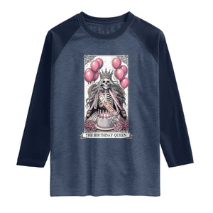 Funny 35th Birthday Queen Tarot Card Raglan Shirt Gothic Skeleton Dark Humor Gift TS12 Heather Denim Navy Print Your Wear