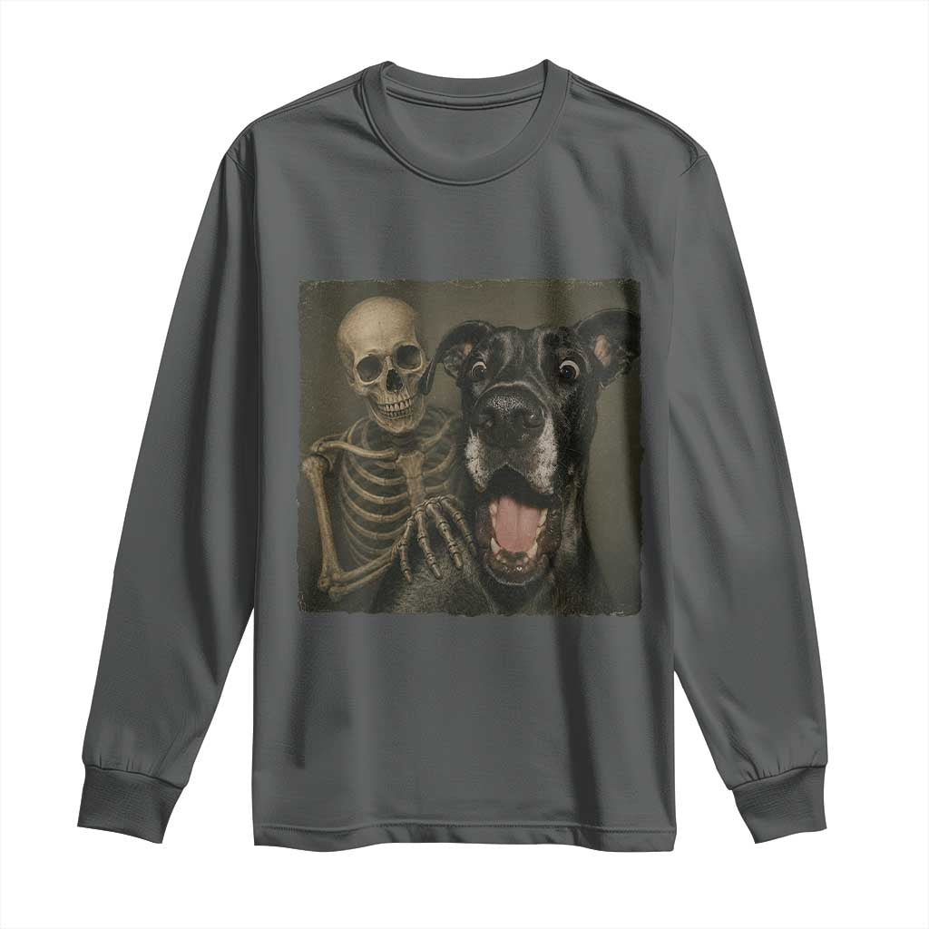 Funny Skeleton Selfie With Great Dane Long Sleeve Shirt Halloween Spooky Dog Lover Gift TS12 Dark Heather Print Your Wear