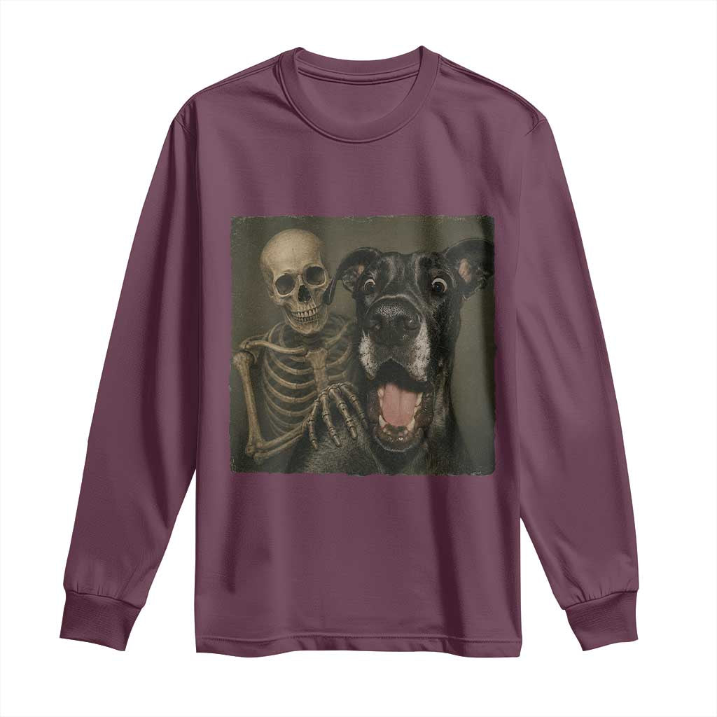 Funny Skeleton Selfie With Great Dane Long Sleeve Shirt Halloween Spooky Dog Lover Gift TS12 Maroon Print Your Wear