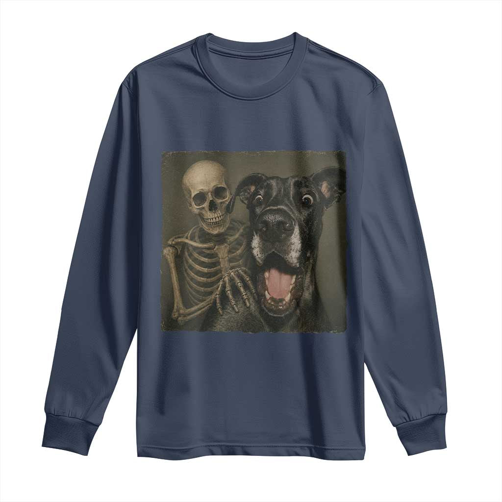 Funny Skeleton Selfie With Great Dane Long Sleeve Shirt Halloween Spooky Dog Lover Gift TS12 Navy Print Your Wear