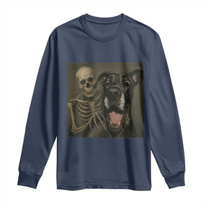 Funny Skeleton Selfie With Great Dane Long Sleeve Shirt Halloween Spooky Dog Lover Gift TS12 Navy Print Your Wear