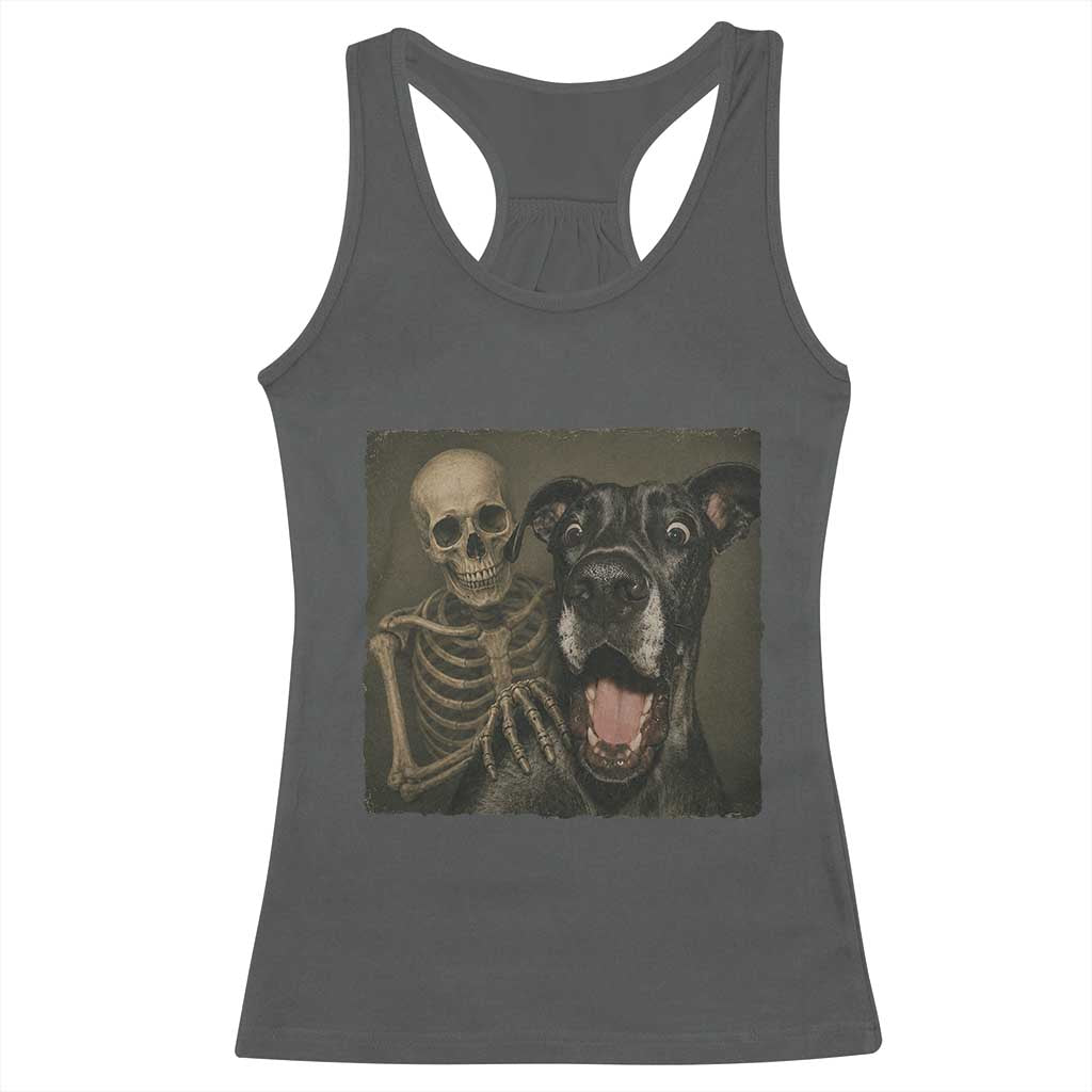 Funny Skeleton Selfie With Great Dane Racerback Tank Top Halloween Spooky Dog Lover Gift TS12 Dark Heather Print Your Wear