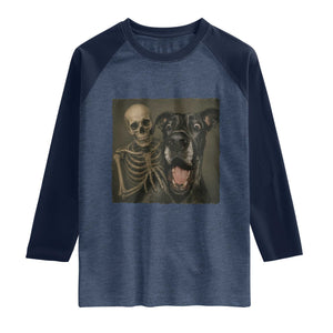 Funny Skeleton Selfie With Great Dane Raglan Shirt Halloween Spooky Dog Lover Gift TS12 Heather Denim Navy Print Your Wear