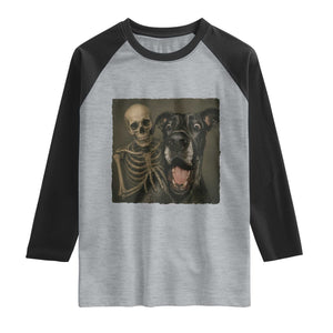 Funny Skeleton Selfie With Great Dane Raglan Shirt Halloween Spooky Dog Lover Gift TS12 Heather Gray Black Print Your Wear