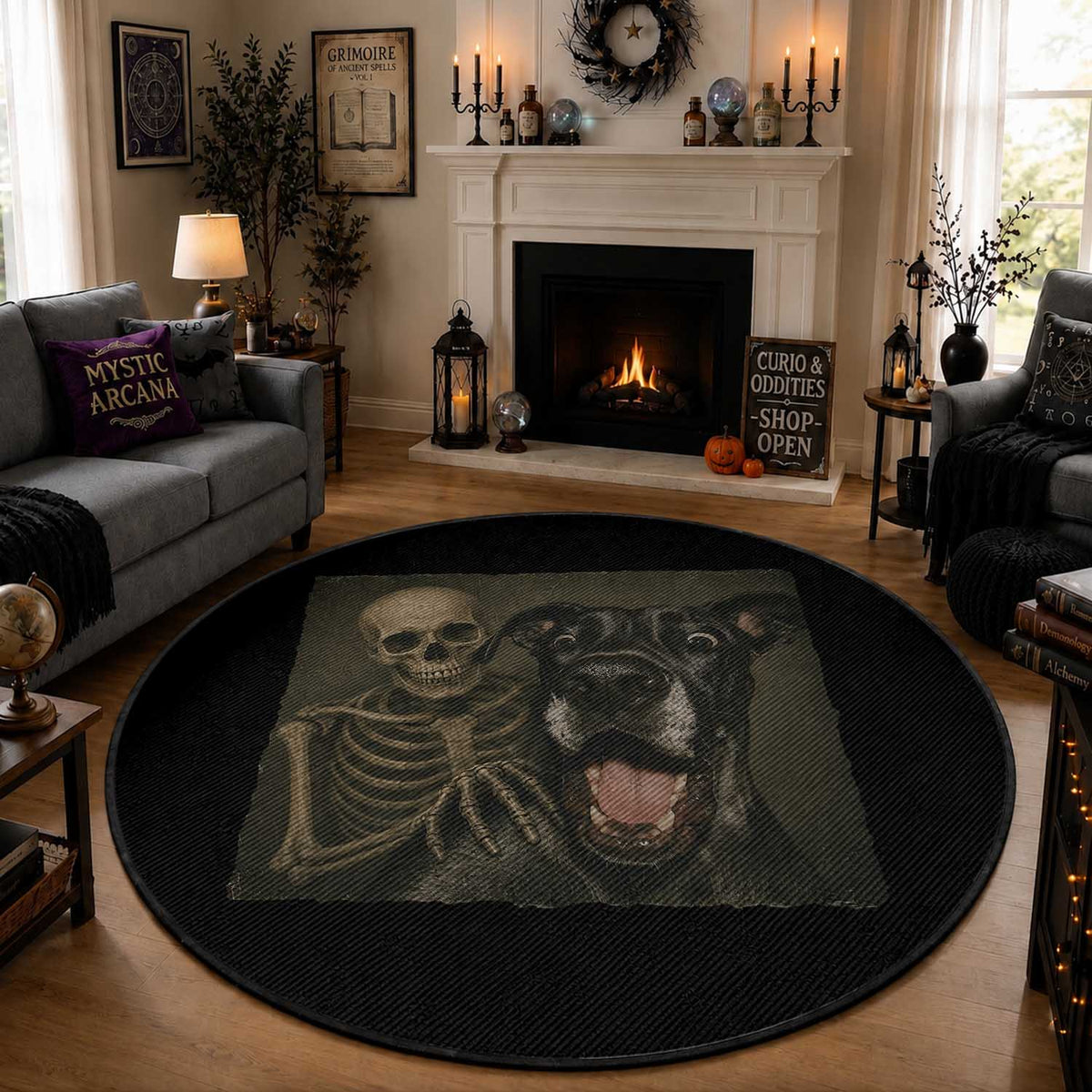 Funny Skeleton Selfie With Great Dane Round Rug Halloween Spooky Dog Lover Gift