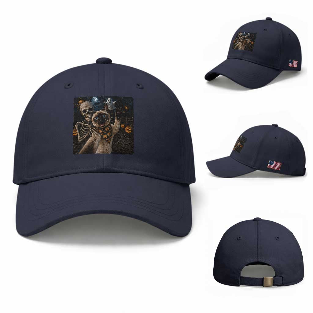 Funny Skeleton Selfie Siamese Cat Baseball Cap Halloween Spooky Cat Lover Gift TS12 Baseball Cap Universal Fit Navy Print Your Wear