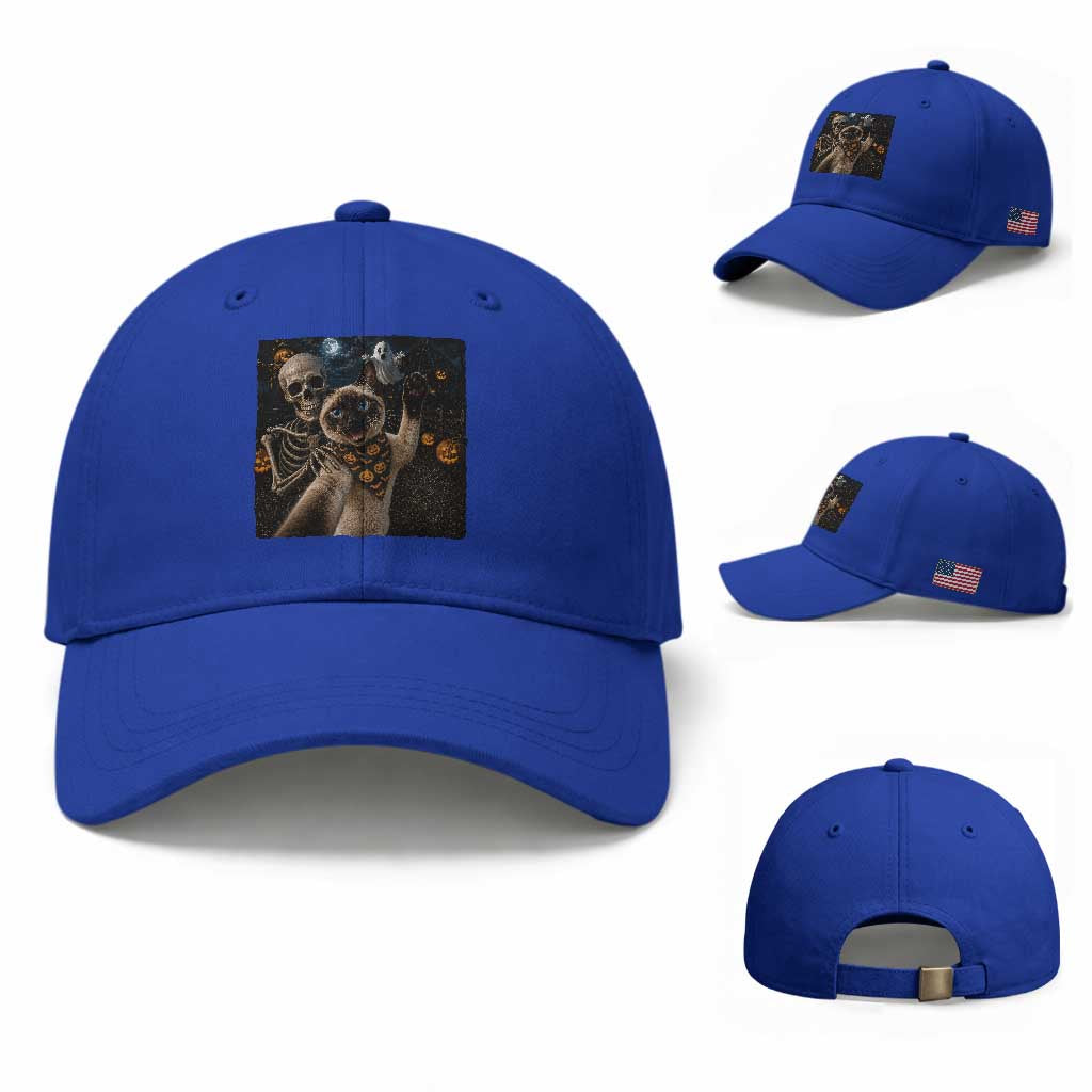 Funny Skeleton Selfie Siamese Cat Baseball Cap Halloween Spooky Cat Lover Gift TS12 Baseball Cap Universal Fit Royal Blue Print Your Wear