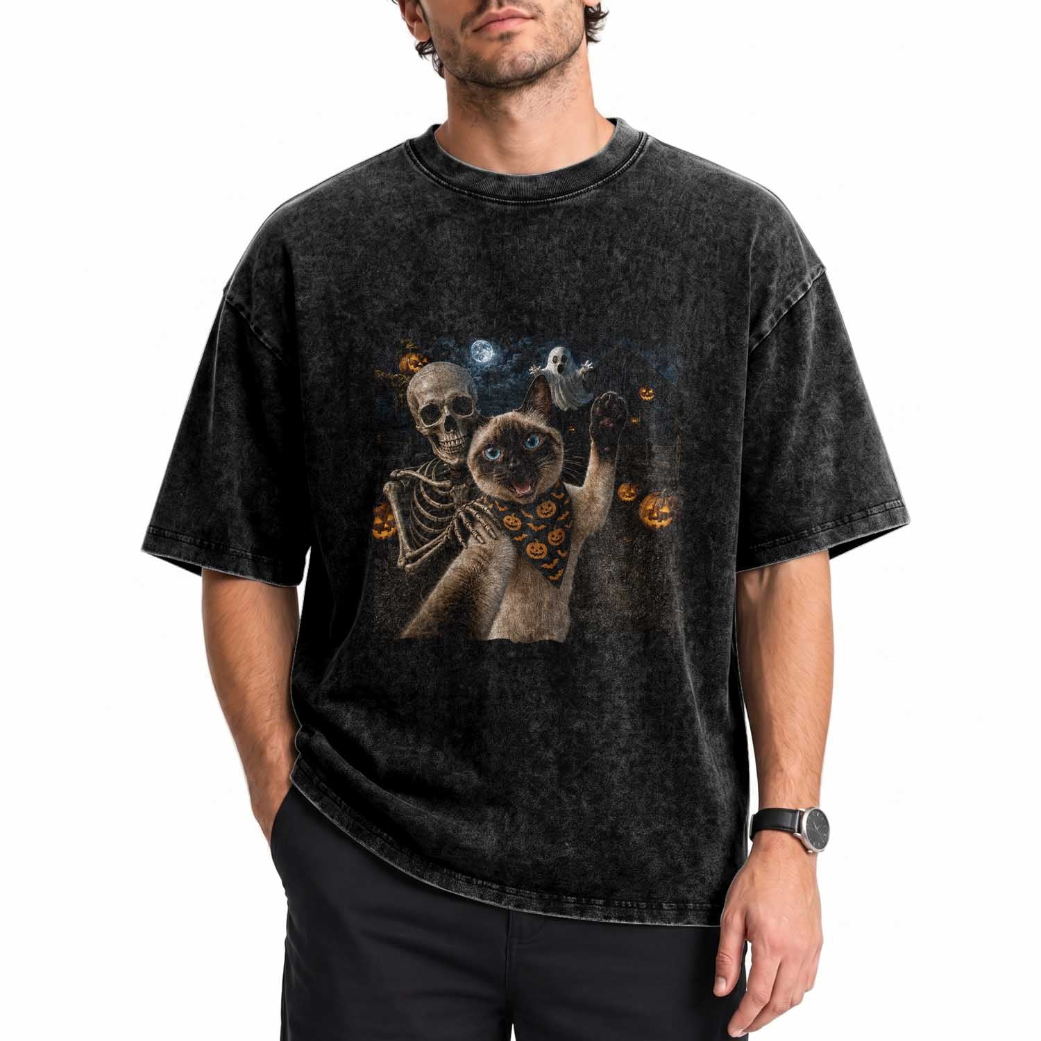Funny Skeleton Selfie Siamese Cat Washed Cotton T-Shirt Halloween Spooky Cat Lover Gift